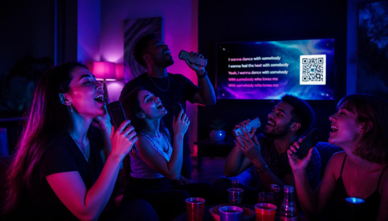 Friends singing karaoke at a house party using phones as microphones